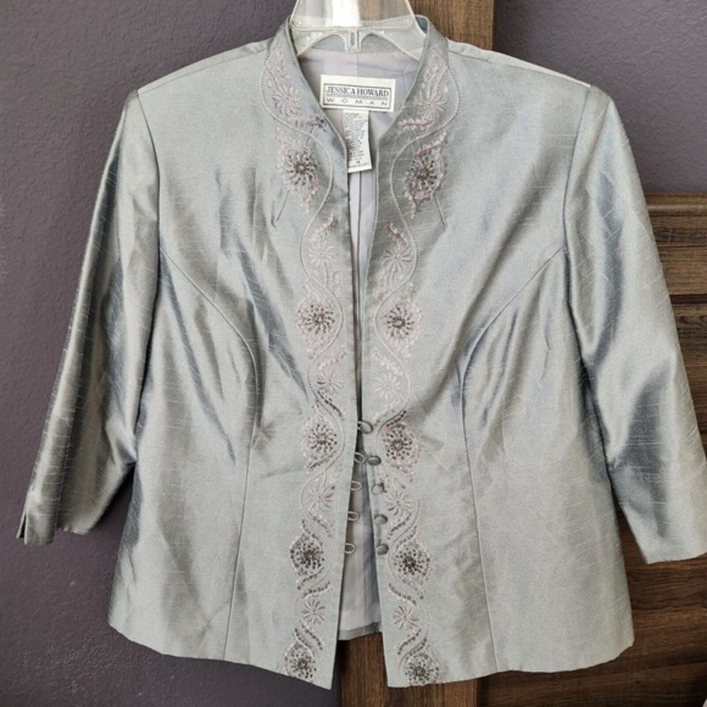 Jessica Howard Woman Womens Blazer 14 Gray Embroidered 3/4 Sleeve Button Front